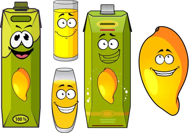 Vector illustration of Cartoon mango juice, fruit and glasses