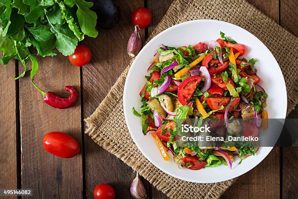 Salad Baked Eggplant And Fresh Tomatoes Stock Photo - Download Image Now - Salad, Vegetable, Summer