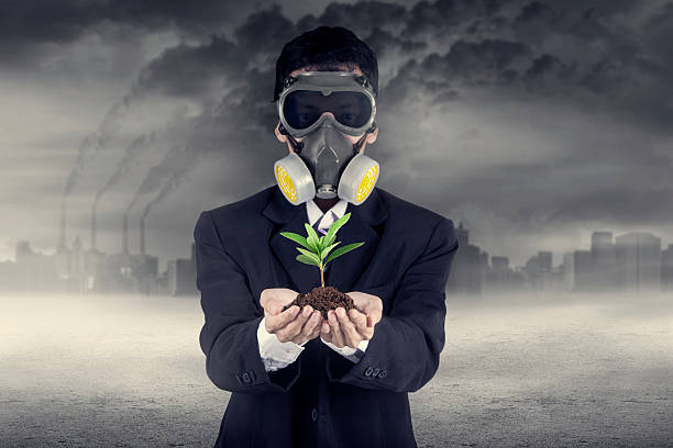istock Businessman wearing a gask mask with plant 495146659
