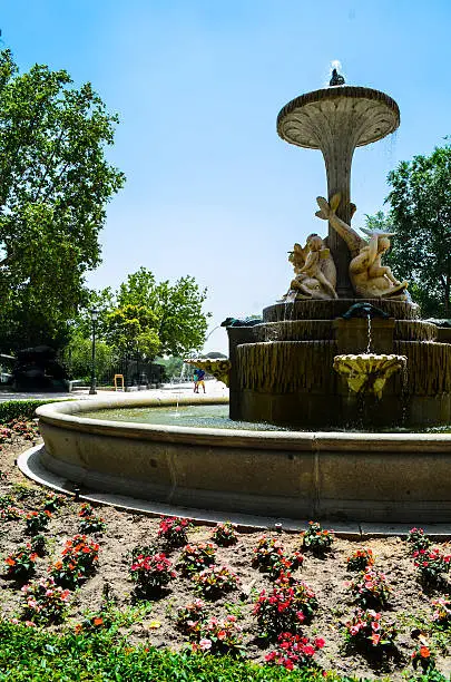 Fountain in Retiro Park, Madrid, Spain. The Retiro was originally built for the Spanish king Phillip IV and was opened to the general public in the 1800's.