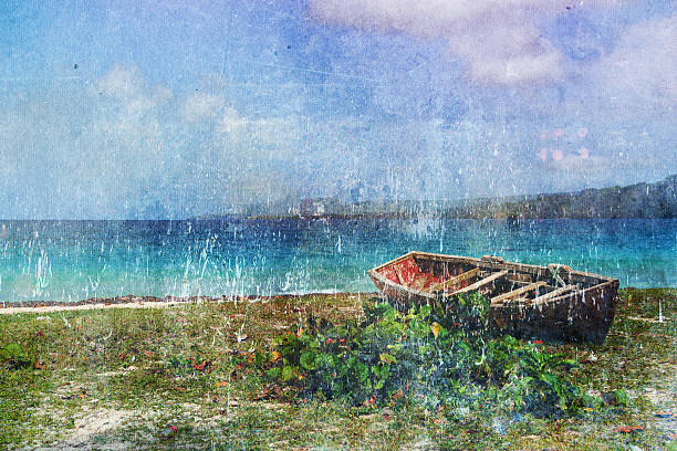 istock Old fishing boat, Playa rincon beach, Samana, gunge effect 495148573