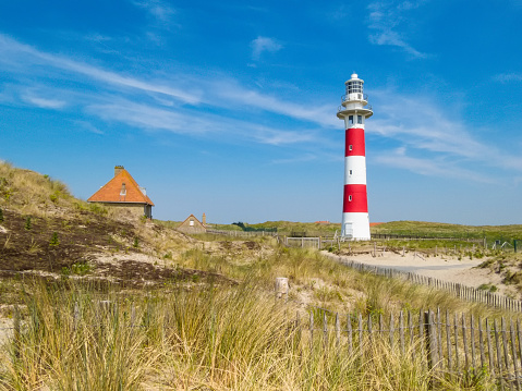 Beacon in sandy dunes of the North Sea. Belgium