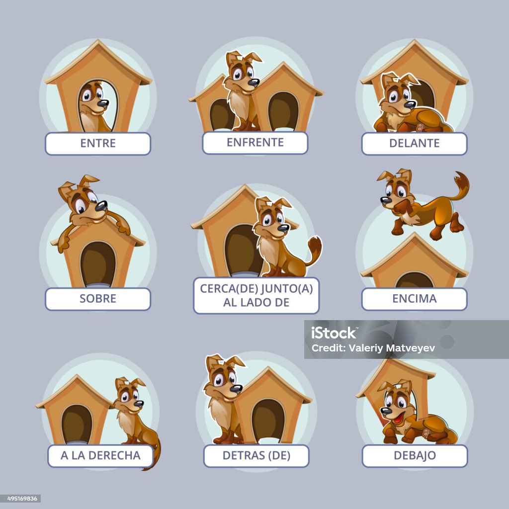 Cartoon Dog In Different Poses To Illustrate Spanish Prepositions Of Stock Illustration - Download Image Now - iStock Cartoon Dog In Different Poses To Illustrate Spanish Prepositions Of Stock Illustration - Download Image Now - iStock