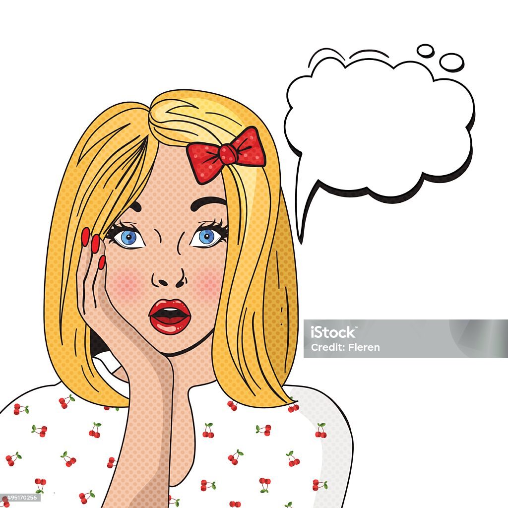 Surprised woman with opend mouth isolated on white background WOW bubble pop art. Surprised woman with opend mouth isolated on white background. Vintage comic poster with a girl. Pop Art illustration of a woman with the speech bubble. Invitation, greeting card. 2015 stock vector