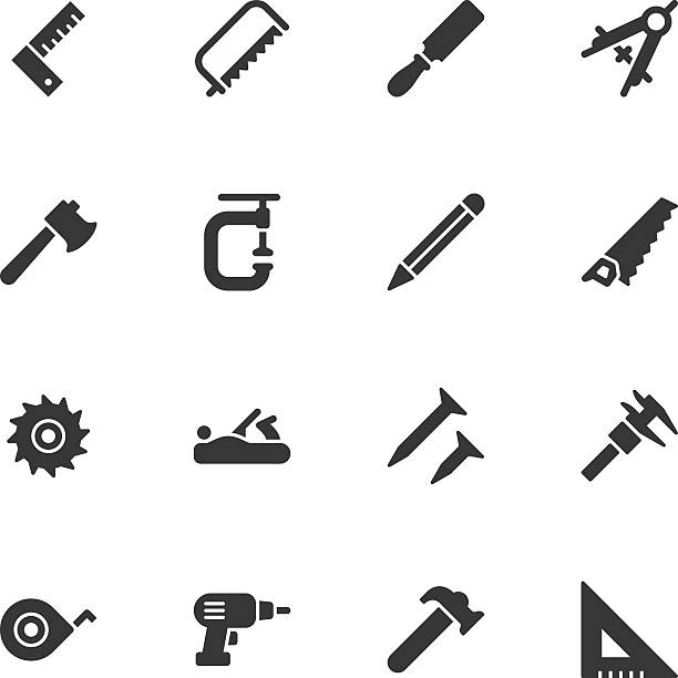 illustrazioni stock, clip art, cartoni animati e icone di tendenza di icone di strumenti di carpenteria-normale - carpenters pencil