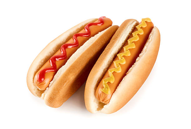 핫 멍멍이, 머스터드와 케첩, 신선하게 요리한 패티의 마술을 머스타드 격리됨에 흰색 배경. - hot dog snack food ketchup 뉴스 사진 이미지