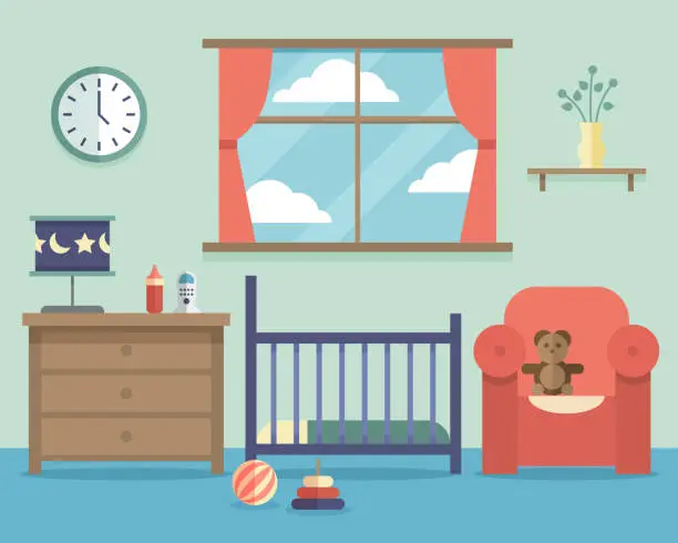 Vector illustration of Nursery baby room interior with furniture in flat style