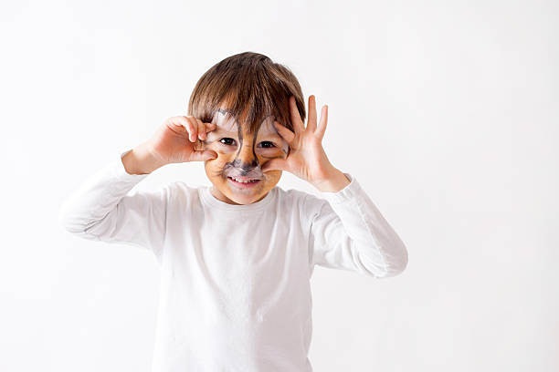 Cute boy with painted face as a lion, having fun Cute boy with painted face as a lion, having fun, studio shot cat face paint stock pictures, royalty-free photos & images