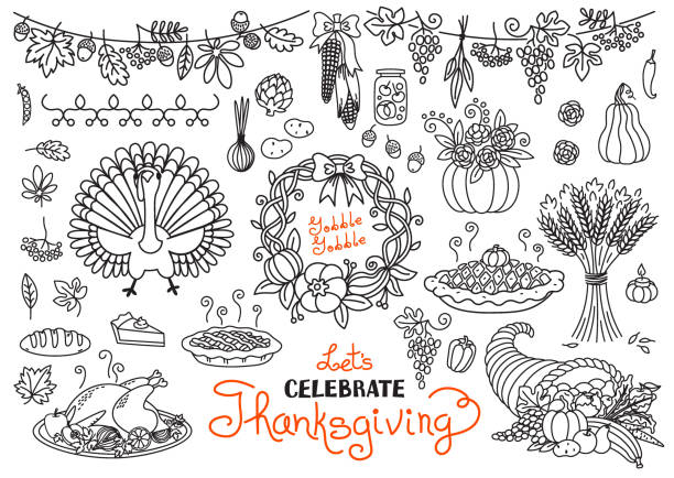 let's 축하 추수감사절 doodles 설정합니다. 번자체 기호들 - white backgrounds thanksgiving pumpkin stock illustrations