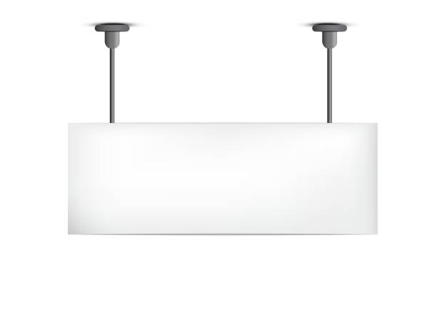 blank billboard hanging blank billboard hanging from the ceiling isolated on white background hanging signboard stock illustrations