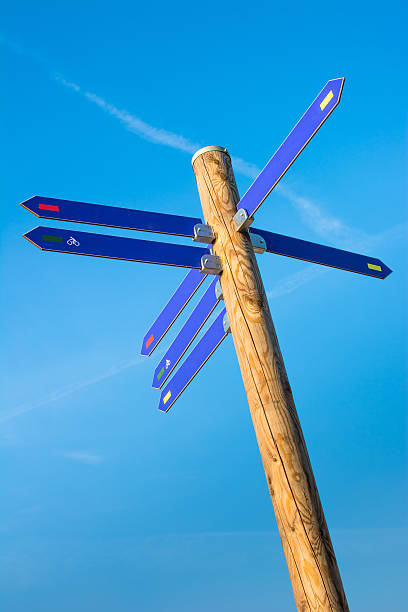 istock Wooden pole with numerous direction arrows 495187247