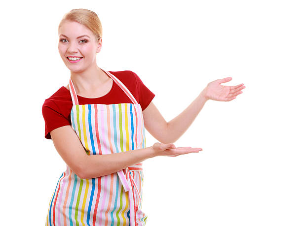istock housewife waitress inviting welcome gesture kitchen apron isolated 495188781