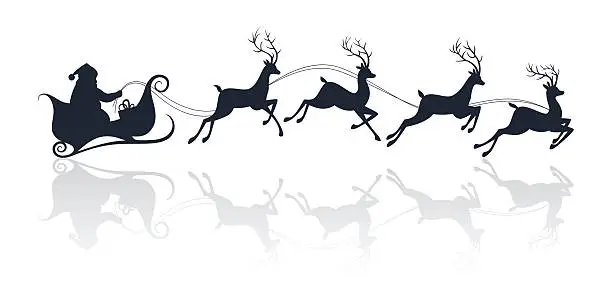 Vector illustration of Santa Claus silhouette riding a sleigh with deers