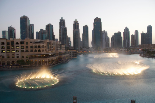 The Water fountain show at Burj Al Khalifa Lake (Dubai Mall), Dubai, United Arab Emirates