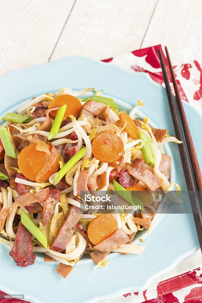 Chow Funn Chow Funn noodles with sauteed ham, char siu pork and vegetables Bean Sprout Stock Photo