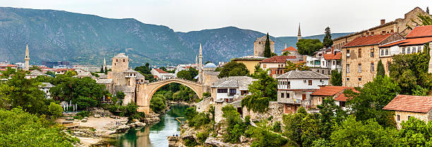 Panorama of Mostar old town - Herzegovina Panorama of Mostar old town - Herzegovina stari most mostar stock pictures, royalty-free photos & images