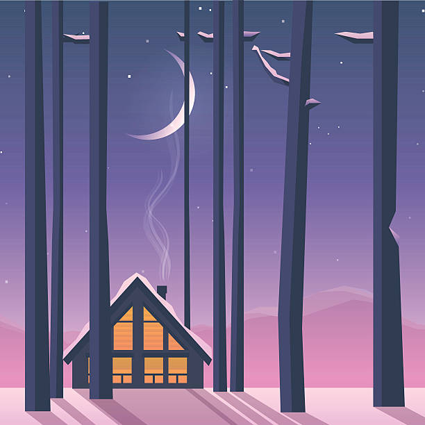 ilustrações de stock, clip art, desenhos animados e ícones de paisagem paisagem de inverno, com uma cabana de madeira numa floresta de altos - casas de madeira modernas