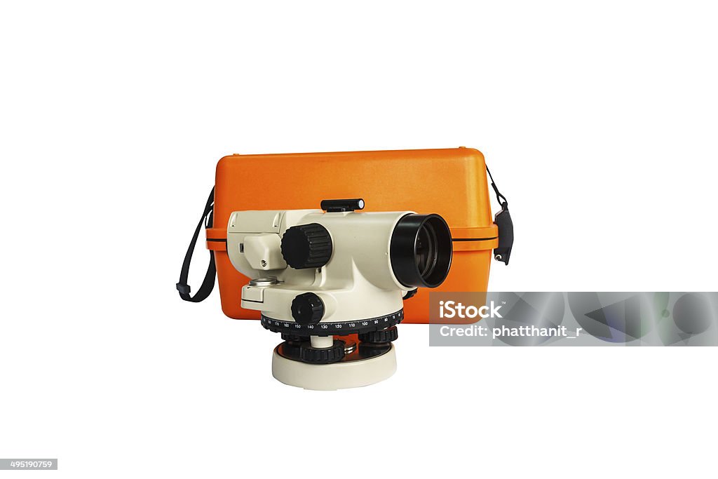 surveyor's telescope, automatic level , surverying instrument and box surveyor's telescope, automatic level , surverying instrument and box isolate on a white background, with clipping path. Angle Stock Photo