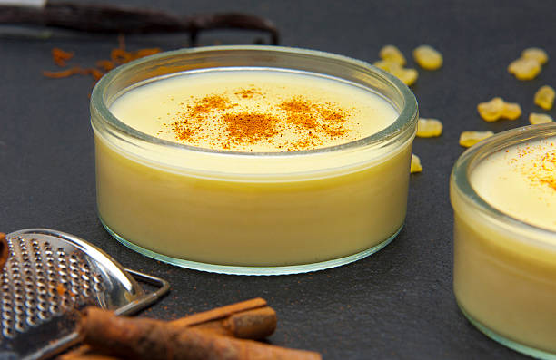 custard pudding custard puddings flavoured with cinnamon, mastic,vanilla and saffran custard stock pictures, royalty-free photos & images