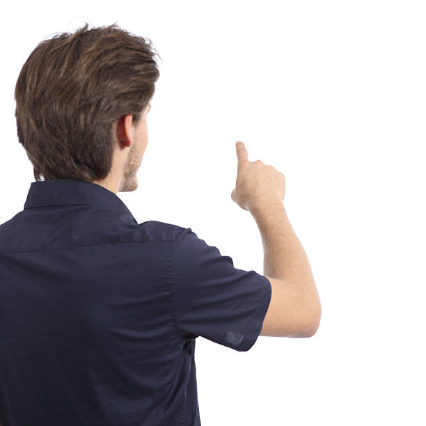 istock Back view of a man pushing button in the air 495191183