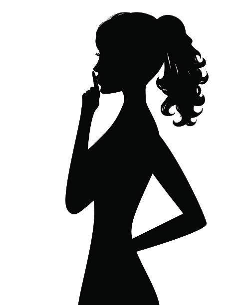 illustrazioni stock, clip art, cartoni animati e icone di tendenza di silhouette di una donna con il suo dito sulle labbra - finger on lips silence women symbol