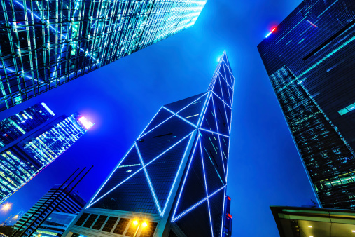 Modern skyscraper Bank of China (Hong Kong) Limited, BOCHK at dusk.