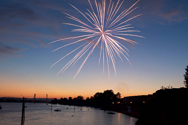 4° luglio i fuochi d'artificio. fuochi d'artificio su sfondo cielo scuro. - firework display pyrotechnics celebration fourth of july foto e immagini stock