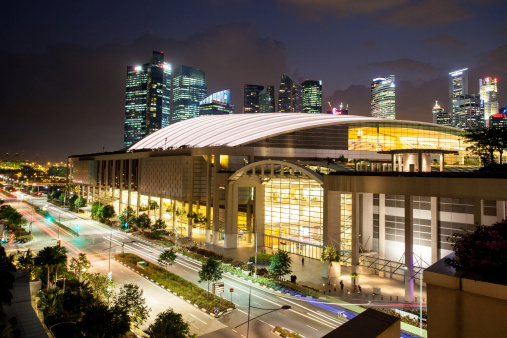Marina Bay, Singapore - Apr 7 - Marina Bay Sands Expo & Convention Centre at dusk on April 7th 2014