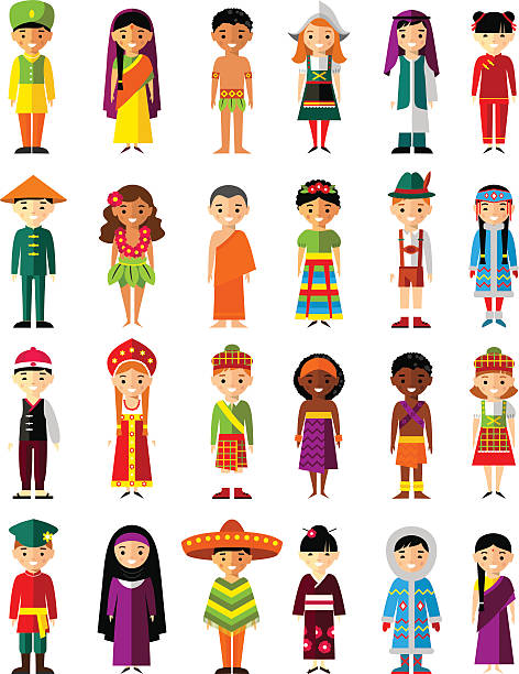 stockillustraties, clipart, cartoons en iconen met vector illustration of multicultural national children, people on planet earth - cultuurverschillen