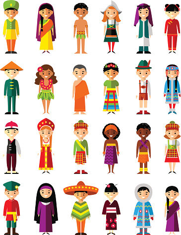 Set of international people in traditional costumes around the world