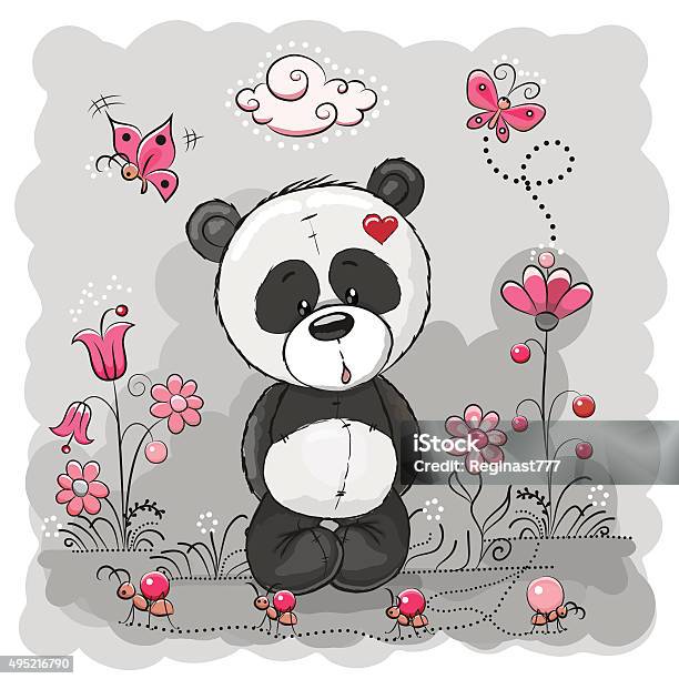 Panda With Flowers Stock Illustration - Download Image Now - 2015, Animal, Art