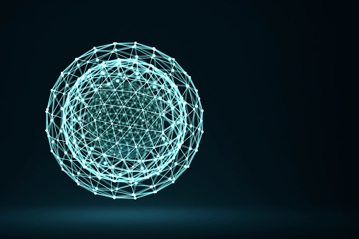 3D rendering of glowing polygonal sphere with connected lines and dots over white background