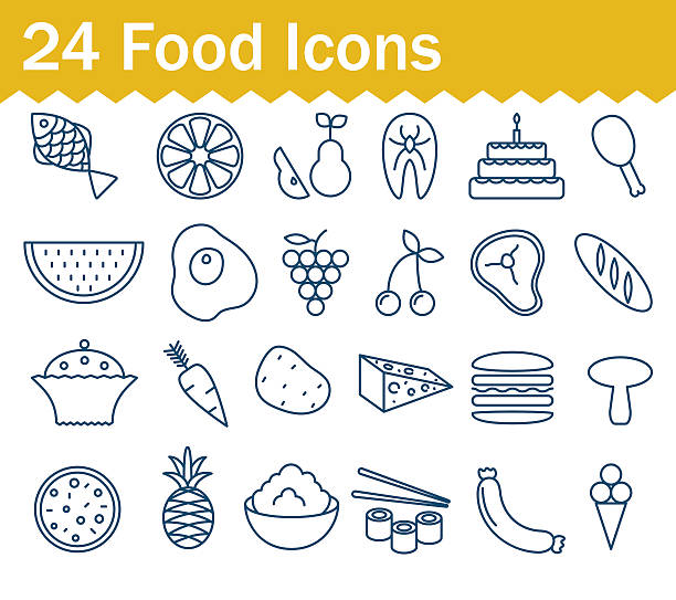 illustrazioni stock, clip art, cartoni animati e icone di tendenza di serie di cibo icone linea sottile. contorno icona collezione - haunch