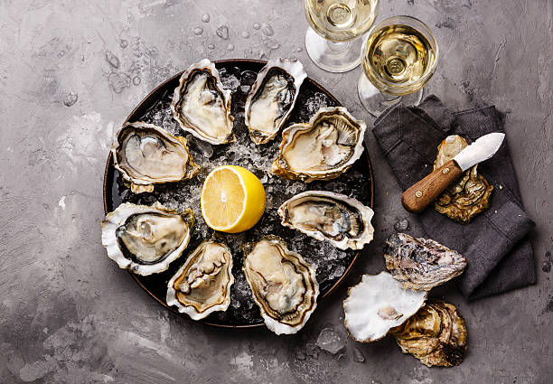 Opened Oysters Fines de Claire and white wine Opened Oysters Fines de Claire on plate and white wine on gray concrete texture background bivalve photos stock pictures, royalty-free photos & images