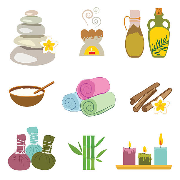 illustrations, cliparts, dessins animés et icônes de ensemble d'accessoires pour un massage thaï - alternative therapy aromatherapy spa treatment candle