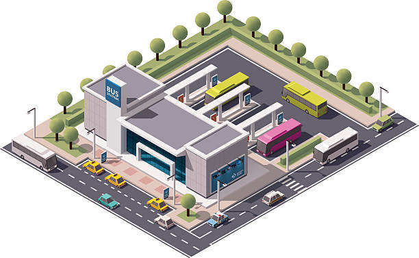 ilustrações, clipart, desenhos animados e ícones de vetor isometric estação de ônibus - estação rodoviária