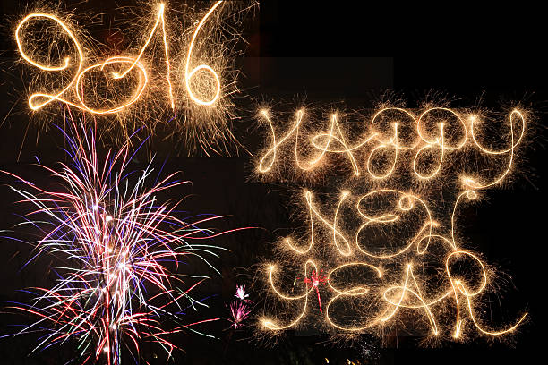 Happy New Year Happy New Year written with sparklers in the sky hogmanay photos stock pictures, royalty-free photos & images