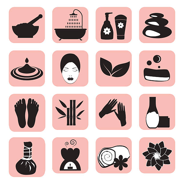 accessoires set für massage und spa - lastone therapy illustrations stock-grafiken, -clipart, -cartoons und -symbole