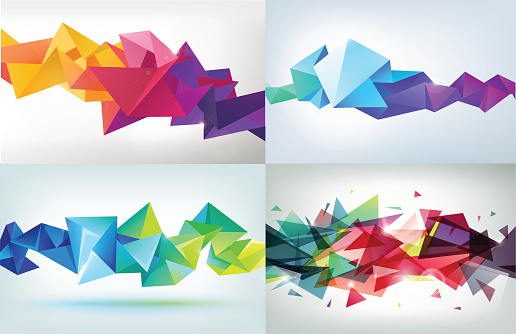 Vector set of faceted 3d crystal colorful shapes, banners. 