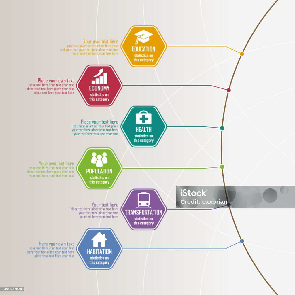 Hexagonal shape infographic elements Geometric concept infographic elements, icons include medical, education, transportation, people, chart, residential. 2015 stock vector