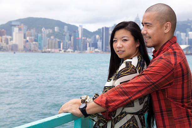 Asian couple overlooking Hong Kong skyline