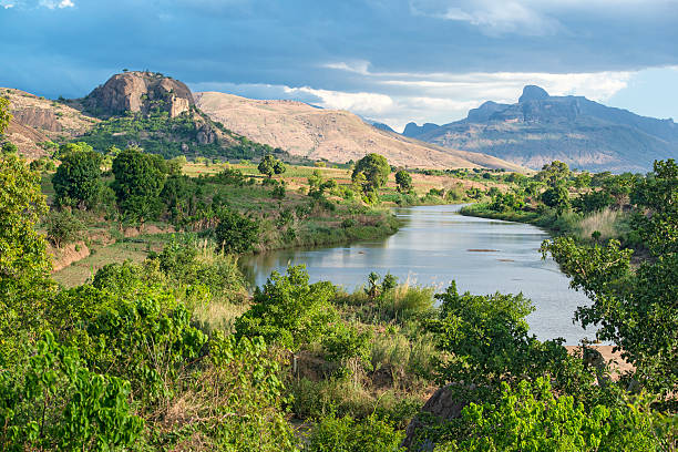 Rural landscape in Madagascar with Andringitra Massif stock photo