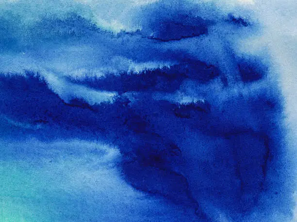 Hand painted watercolor and ink background. There is a prominent color of shades of blue. There is a texture throughout the painting of paint movement across the paper.