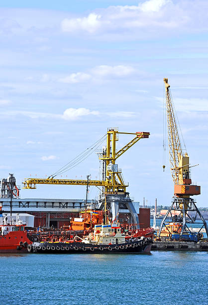 istock Bunker ship and tugboat under port crane 495239145