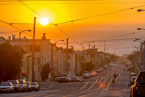 San Francisco toward the sea under Sunset Lightrail track and pacific ocean on the background. san francisco california street stock pictures, royalty-free photos & images