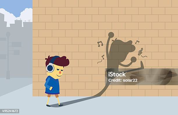 Boy Listening Music But His Shadow Look Like Dancing Stock Illustration - Download Image Now