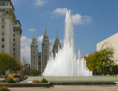 Salt Lake Temple, which is a temple of The Church of Jesus Christ of Latter-day Saints (LDS Church) located on Temple Square in Salt Lake City, Utah, USA, seen across fountain
