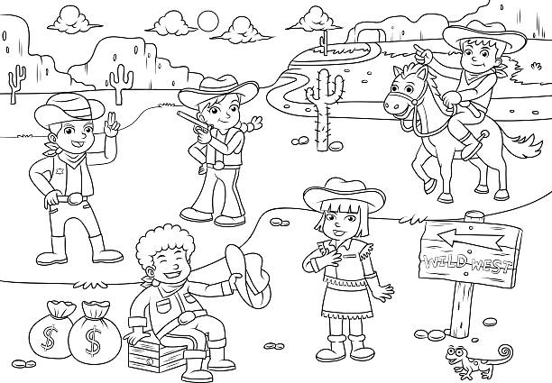 illustrazioni stock, clip art, cartoni animati e icone di tendenza di illustrazione di cowboy selvaggio west bambino fumetto per colore - illustration and painting animal cowboy horse