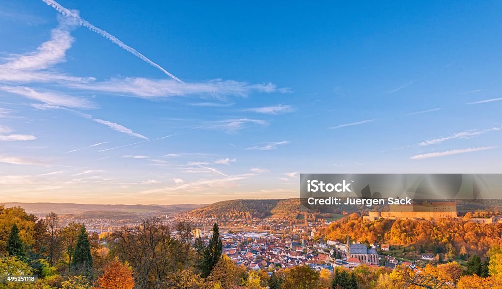 Panoramic view over the medieval city of Kulmbach Elevated panoramic view over the beautiful medieval Franconian town of Kulmbach and it´s landmark overlooking Plassenburg fortress on a beautiful sunny autumn day. Upper Franconia Stock Photo