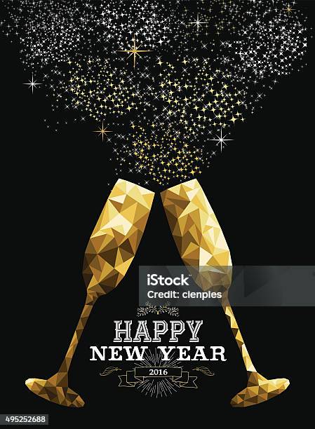 Happy New Year 2016 Toast Glass Low Polygon Gold Stock Illustration - Download Image Now - Champagne, Celebratory Toast, Greeting Card